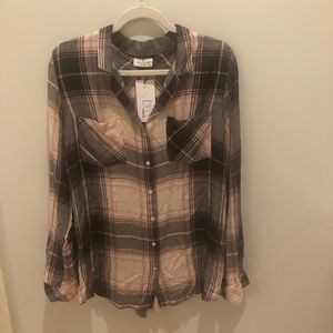 NWT Thread and Supply pink and green flannel shirt